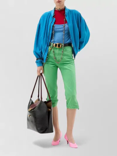 Versace Relaxed Fit Silk Jacket With Embroidered Logo And Zipper Closure In Blue