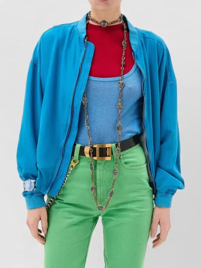 Versace Relaxed Fit Silk Jacket With Embroidered Logo And Zipper Closure In Blue