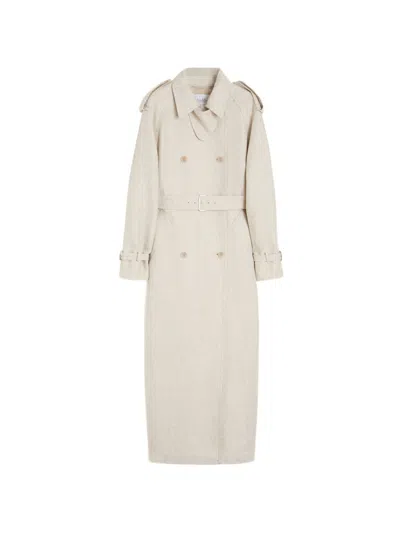 Max Mara Double-breasted Linen Drill Overcoat In White