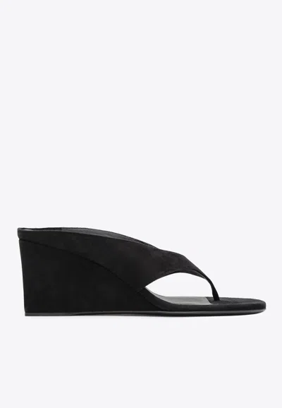 Alaïa Alaia Black Suede Goat Leather Wedge Thong Mules In Black