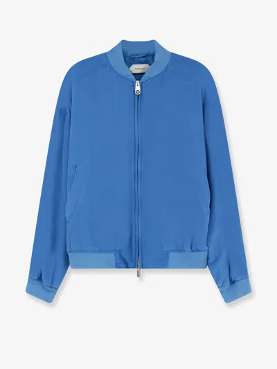 Versace Relaxed Fit Silk Jacket With Embroidered Logo And Zipper Closure In Blue
