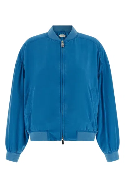 Versace Relaxed Fit Silk Jacket With Embroidered Logo And Zipper Closure In Blue