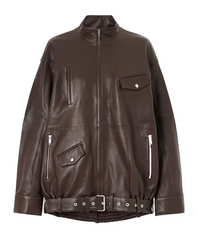 Tibi Belted Leather Bomber Jacket In Brown