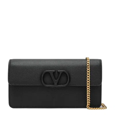 Valentino Garavani Vlogo Signature Grainy Calfskin Wallet With Chain Woman Black Uni In Black