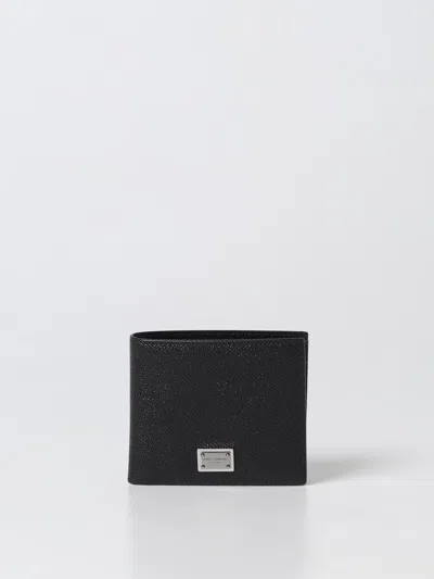 Dolce & Gabbana Black Dauphine Leather Wallet With Logo Plaque In Black