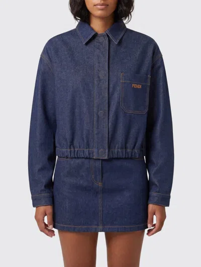 Fendi Feminine Denim Jacket With Tailored Patch Pockets In Blue