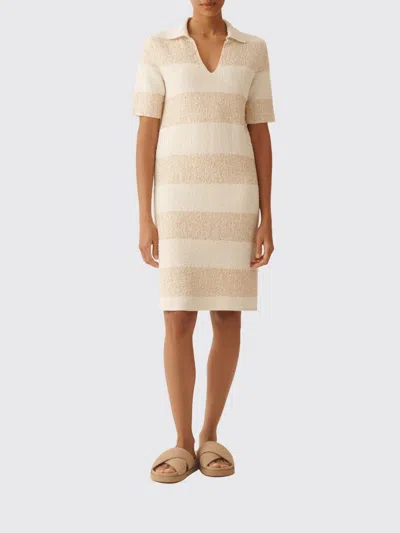 Fabiana Filippi Women Beige Stripes V Neck Midi Dress, Xl Luxury Dresses For Women Darveys In Brown