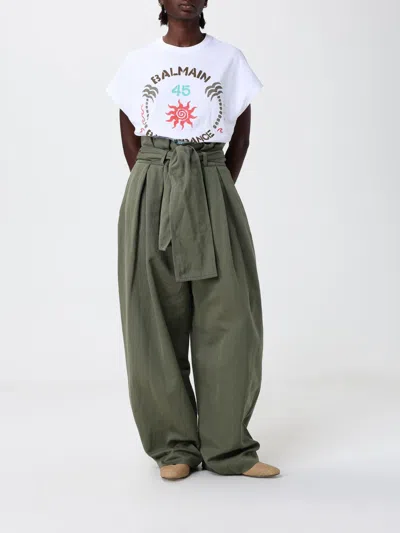 Balmain Belted Pleated Cotton And Linen-blend Twill Tapered Pants In Green
