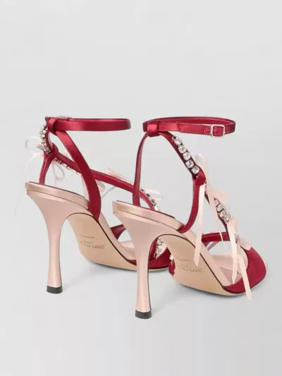 Jimmy Choo Lula Red Heeled Sandals With Crystal Straps And Shaped Bows In Satin Woman In Pink