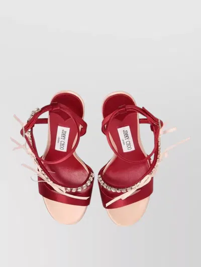 Jimmy Choo Lula Red Heeled Sandals With Crystal Straps And Shaped Bows In Satin Woman In Pink