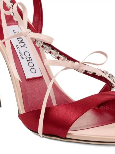 Jimmy Choo Lula Red Heeled Sandals With Crystal Straps And Shaped Bows In Satin Woman In Pink