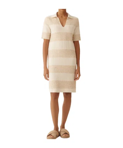 Fabiana Filippi Women Beige Stripes V Neck Midi Dress, Xl Luxury Dresses For Women Darveys In Brown
