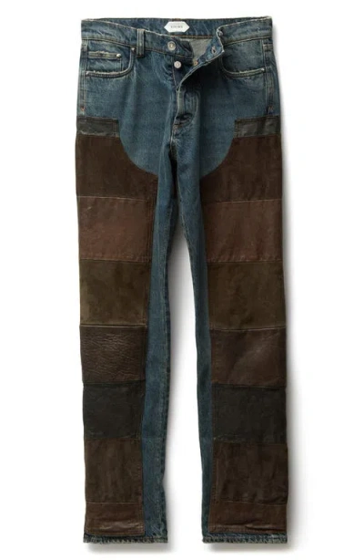 Versace Gender Inclusive Leather Patchwork Straight Leg Jeans In Blue