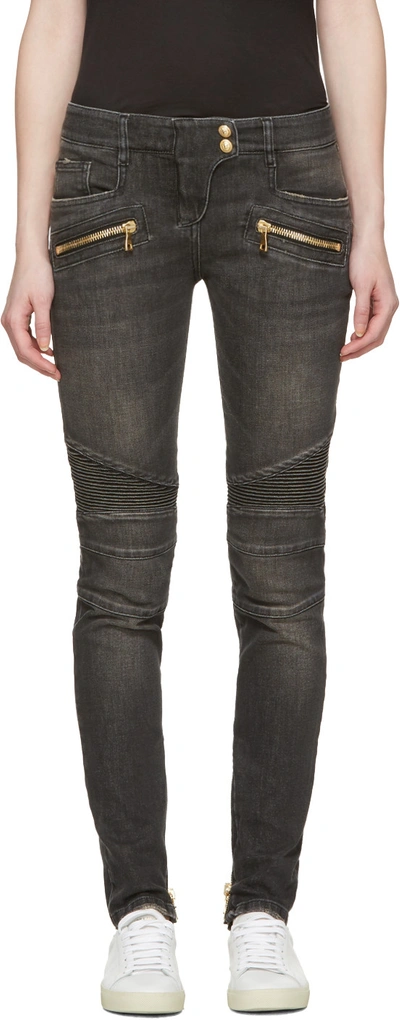 Balmain Grey Biker Jeans In Black,gray