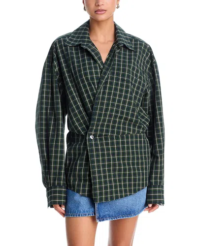 Alexander Wang Long Sleeve Check & Denim Wrap Dress In Green