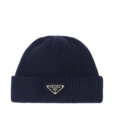 Prada Triangle-logo Wool-cashmere Beanie In Blue