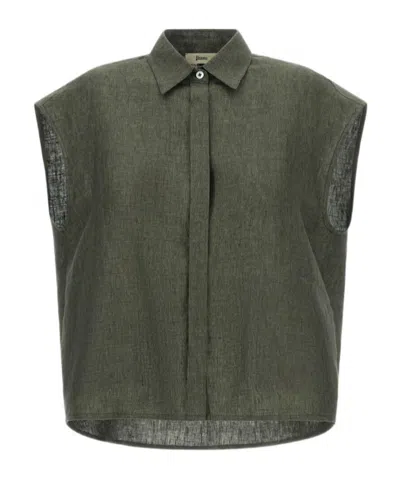 Herno Sleeveless Linen Shirt With Collar And Button Fastening In Green