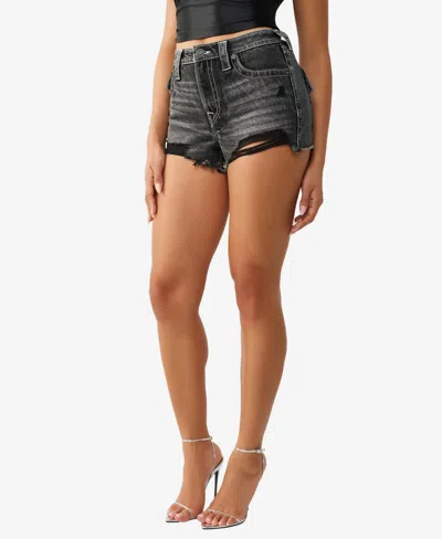 True Religion Frayed High Waist Denim Dolphin Shorts In Black