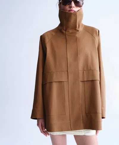 Mango Oversize Funnel Neck Cotton Jacket In Brown
