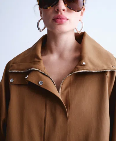 Mango Oversize Funnel Neck Cotton Jacket In Brown