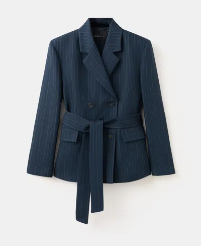 Mango Belted Pinstripe Jacket In Blue
