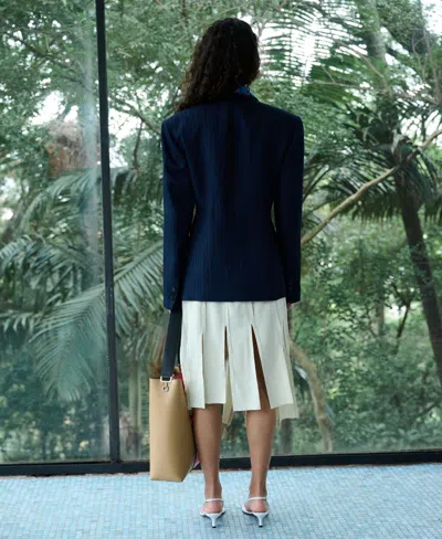 Mango Belted Pinstripe Jacket In Blue