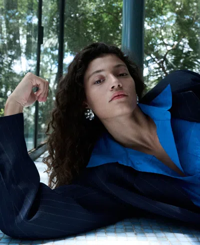 Mango Belted Pinstripe Jacket In Blue
