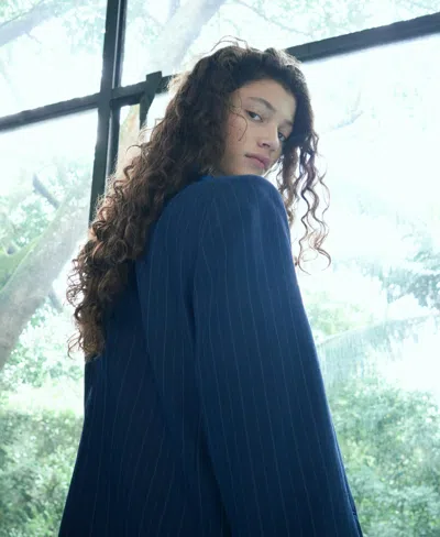 Mango Belted Pinstripe Jacket In Blue