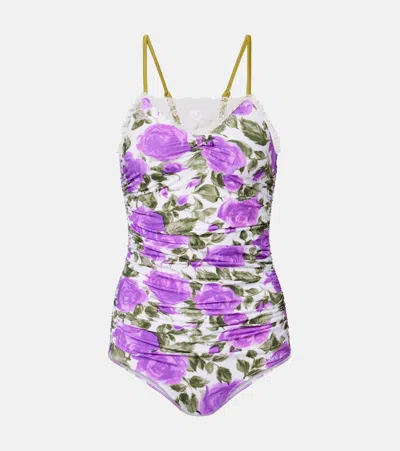 Chloé Bow-detailed Ruched Lace-trimmed Floral-print Swimsuit In Purple