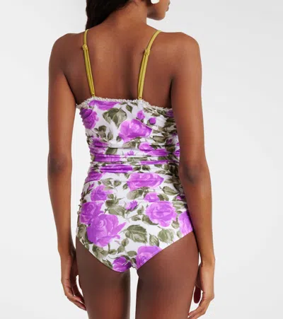 Chloé Bow-detailed Ruched Lace-trimmed Floral-print Swimsuit In Purple