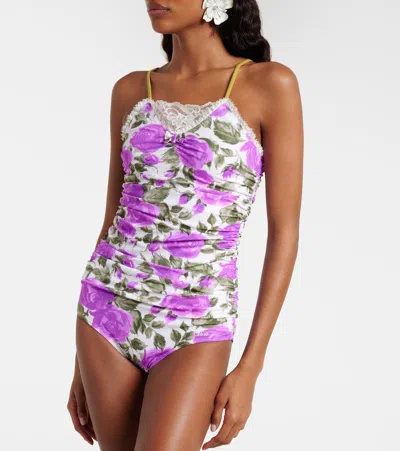 Chloé Bow-detailed Ruched Lace-trimmed Floral-print Swimsuit In Purple