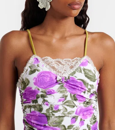 Chloé Bow-detailed Ruched Lace-trimmed Floral-print Swimsuit In Purple