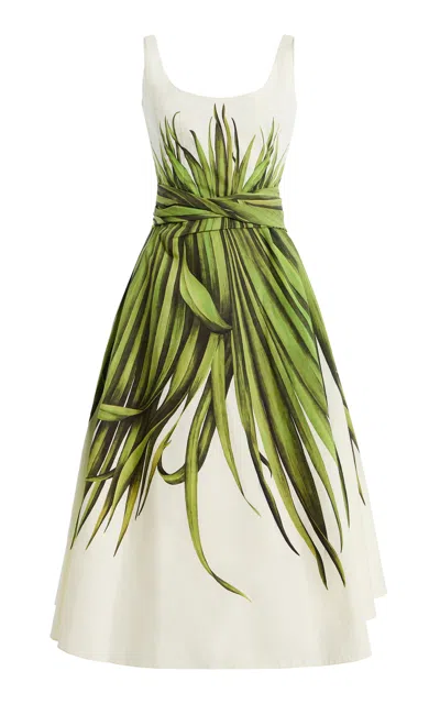 Oscar De La Renta Palm Leaves Print Cotton Stretch Poplin Midi Dress In White
