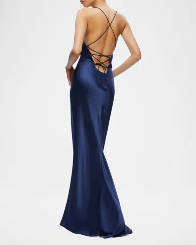 Alice And Olivia Montana Lace-up Satin Slipdress In Blue