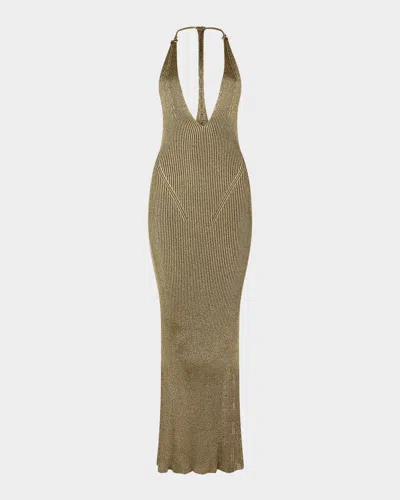 Roberto Cavalli Black And Gold Ribbed Maxi Dress With Snake Motif In Brown