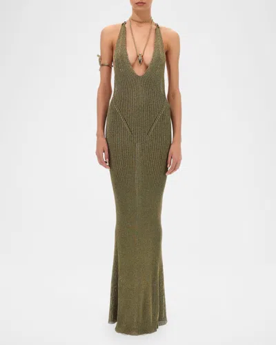 Roberto Cavalli Black And Gold Ribbed Maxi Dress With Snake Motif In Brown