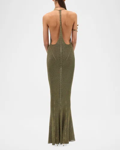 Roberto Cavalli Black And Gold Ribbed Maxi Dress With Snake Motif In Brown