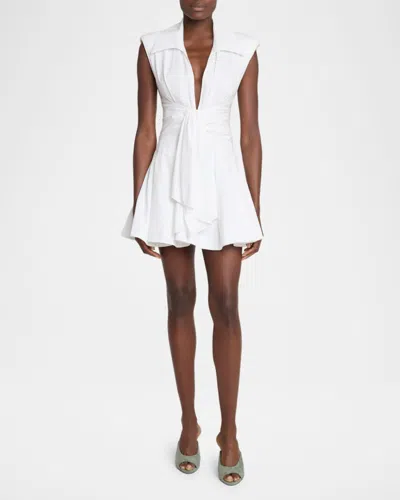 Balmain Belted Pleated Cotton-poplin Mini Dress In White
