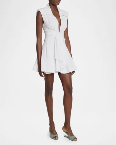 Balmain Belted Pleated Cotton-poplin Mini Dress In White