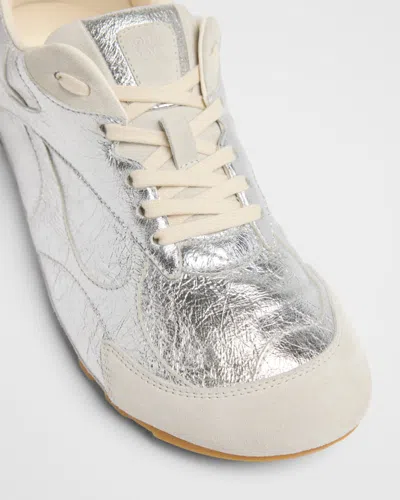Bottega Veneta Men Silver Laminated Leather Orbit Flash Sneakers In Metallic