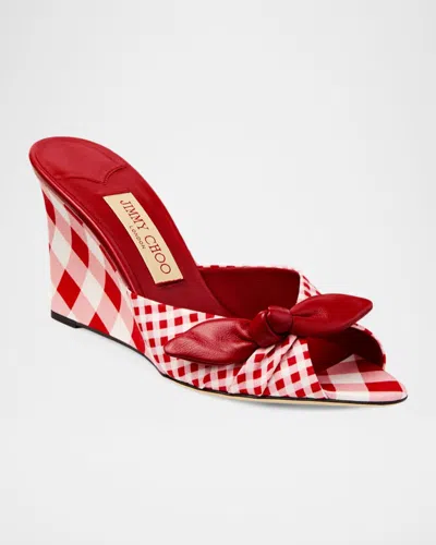 Jimmy Choo Livi 85mm Leather-trimmed Checked Wedge Mules In Red