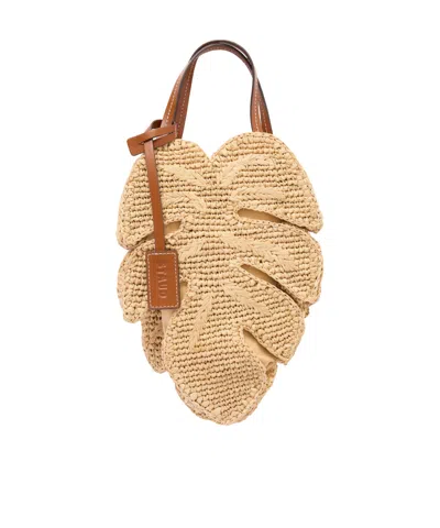Staud Palm Leather-trimmed Raffia Top-handle Bag In Brown