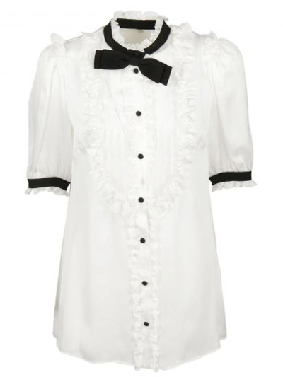 Shop Dolce & Gabbana Bow Ruffle Bib Blouse In Bianco