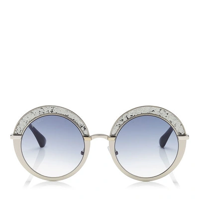 Jimmy Choo Gotha Nude Palladium And Glitter Round Framed Sunglasses In Dark Grey Shaded