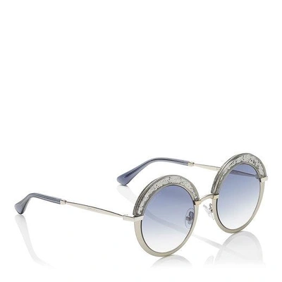 Shop Jimmy Choo Gotha Nude Palladium And Glitter Round Framed Sunglasses In Dark Grey Shaded