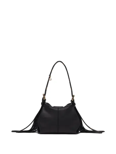 Maje Mini Miss M Fringe-trimmed Leather Shoulder Bag In Black