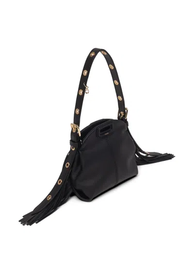 Maje Mini Miss M Fringe-trimmed Leather Shoulder Bag In Black