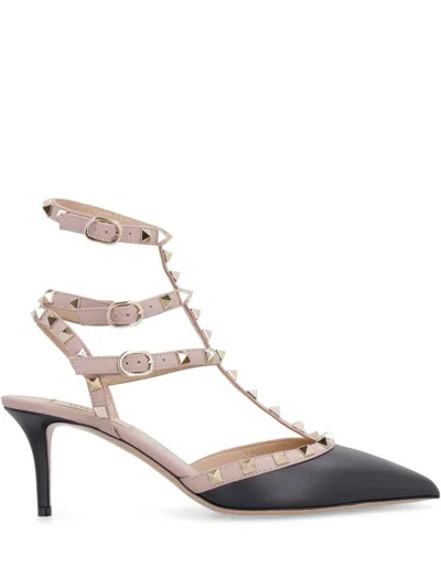 Valentino Rockstud Caged 65 Leather Ankle Strap Pump In Black