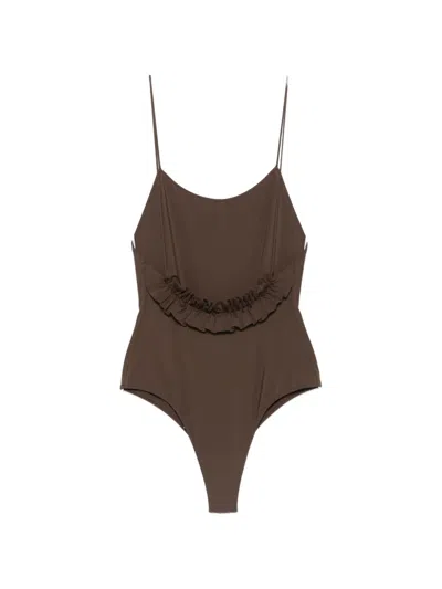 Jacquemus Cabana One Piece Swimsuit High Leg Ruffle In Brown