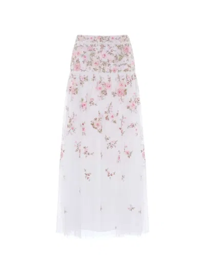 Needle & Thread Eden Rose Embroidered Midi Skirt In White